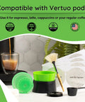 DIY Coffee Pod Kit For Nespresso VertuoLine Brewers with reusable silicone cap, lid, foil seals, and accessories on table.