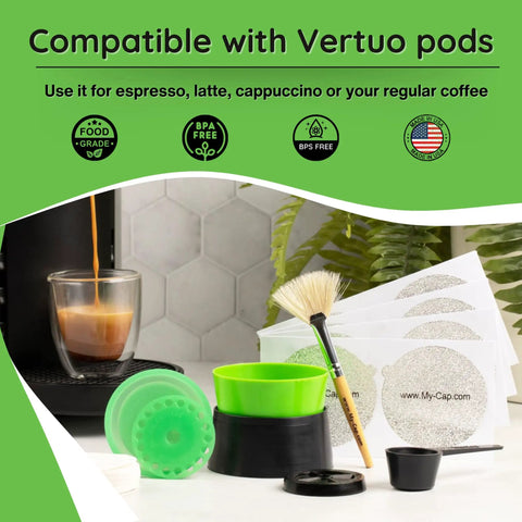 DIY Coffee Pod Kit For Nespresso VertuoLine Brewers with reusable silicone cap, lid, foil seals, and accessories on table.