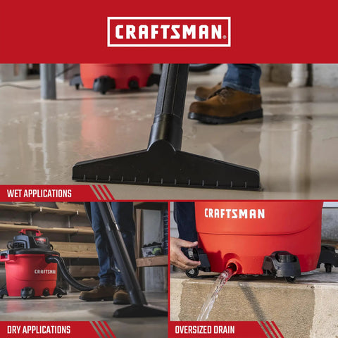 Beast Mode Power 16 Gallon Wet Dry Vac With 6.5 Peak HP in action on wet floor, vacuum attachments shown, close-up of drain