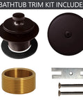 Rock Solid Twist Close Bathtub Drain Trim With One Hole Overflow Faceplate And Universal Connector In Quality Oil Rubbed Bronze Finish Built Tough Fifty Pack components, including a bronze drain, faceplate, brass connector, and assembly screws.