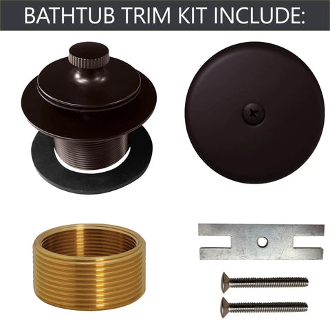 Rock Solid Twist Close Bathtub Drain Trim With One Hole Overflow Faceplate And Universal Connector In Quality Oil Rubbed Bronze Finish Built Tough Fifty Pack components, including a bronze drain, faceplate, brass connector, and assembly screws.