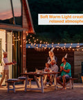 Outdoor LED String Lights 48ft Waterproof Patio Party Lights With Shatterproof Bulbs IP65 illuminating a backyard party table.