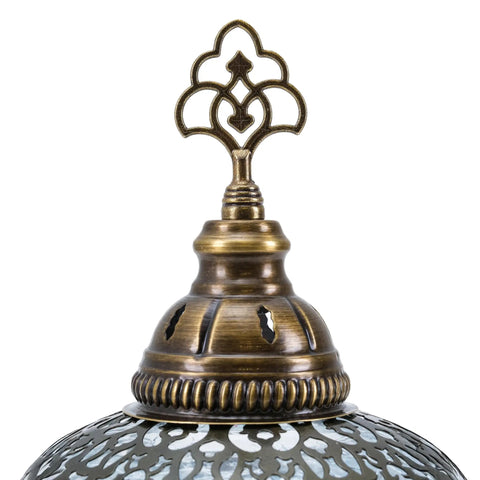 Close-up of the top detail of a Cracked Clear Moroccan Mosaic Table Lamp With Handmade Turkish Glass Light Bulb Included Boho Chic Bedside And Living Room Accent Lamp For Cozy Vibes At Home.