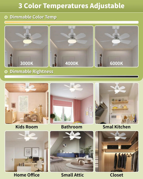 Remote Controlled Light Socket Ceiling Fan With Pairing Required For Garage Laundry Porch And Bedroom Screw In Fan And Light Combo 200 Percent Airflow Dimmable With Memory installation in various rooms showing adjustable color temperatures.