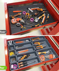 42 Pack Tool Box Organizer With Interlocking Tray Dividers For Drawer showing before and after tool organization in grey trays.