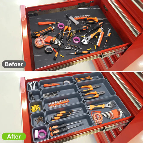 42 Pack Tool Box Organizer With Interlocking Tray Dividers For Drawer showing before and after tool organization in grey trays.
