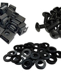 Rock Solid M6 Cage Nuts And Slide On Screw Kit With Plastic Washers 25 Pack, black oxide screws, cage nuts, plastic washers.