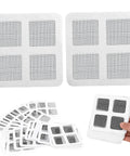 Lcarege Disposable Hair Drain Stickers, 60 Pack 4x4 Fiberglass Disposable Drain Covers on a flat surface with multiple covers.