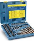 54 Piece Screw And Bolt Extractor Set With Left Hand Drill Bits For Stripped Screws And Broken Bolts in a blue storage case