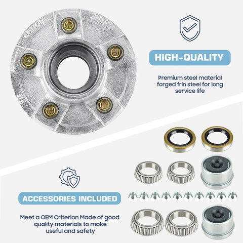 Trailer Wheel Idler Hub Kit 5 Hole 4.5 Inch Bolt Idler Hub For 3500 Lb Trailer Axles Fit One And One Sixteenth Inch To One And Three Eighths Inch Tapered Shaft Heavy Duty Hot Dip Galvanized Set Of Two Not For Straight Shaft components with bearings and accessories