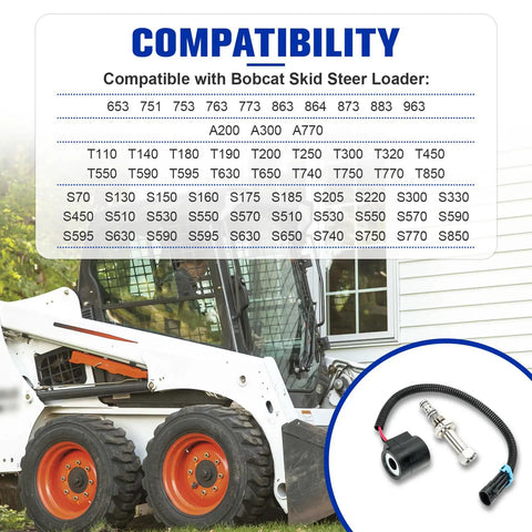 Compatibility chart and image of Solenoid Valve Coil and Hydraulic Spool Valve Stem Element Kit for Bobcat Skid Steer Loader models.