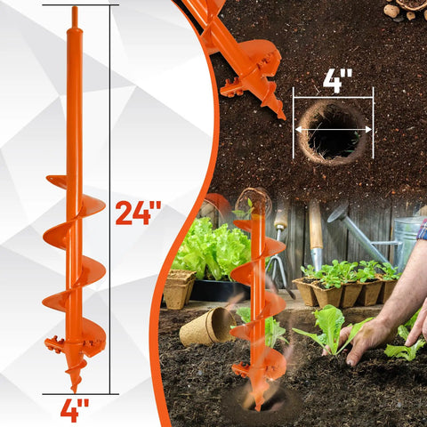 4X24 Inch Auger Drill Bit For Planting Heavy Duty Garden Post Hole Digger With Spiral Double Blade and Hex Drive in action
