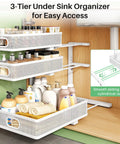 Heavy Duty 2 Pack Under Sink Organizer With Adjustable 3 Tier Metal Pull Out Drawers For Kitchen Cabinet And Bathroom Vanity Flat Out Makes Storage A Heck Of A Game Changer That Keeps Countertops Spotless, showcasing three tiers of pull-out drawers filled with toiletries.