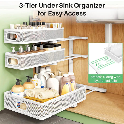 Heavy Duty 2 Pack Under Sink Organizer With Adjustable 3 Tier Metal Pull Out Drawers For Kitchen Cabinet And Bathroom Vanity Flat Out Makes Storage A Heck Of A Game Changer That Keeps Countertops Spotless, showcasing three tiers of pull-out drawers filled with toiletries.
