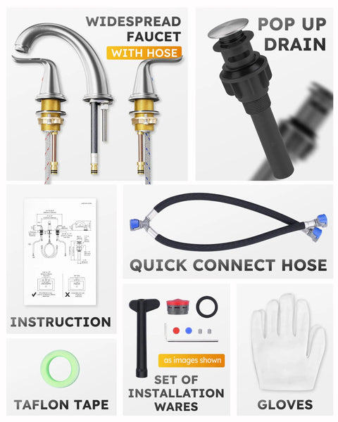 Components of Brushed Nickel Widespread Bathroom Faucet With Two Handles, 3 Hole Installation, Adjustable 4 To 16 Inch Spread