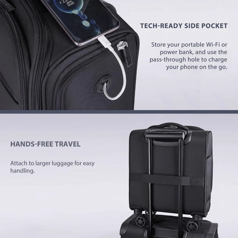 Verage underseat carry-on luggage with wheels, black; 14.5-inch spinner with tech-ready side pocket for phone charging.