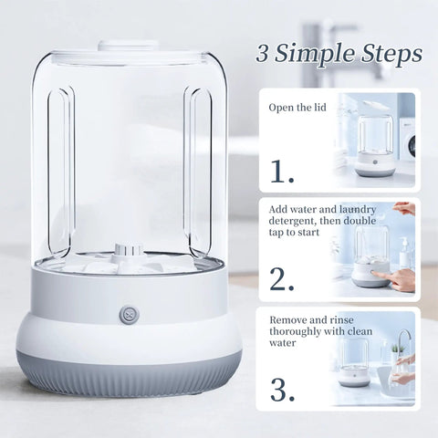 Total Game Changer Mini Washing Machine For Underwear And Delicates Rechargeable Cordless Travel Cup With Hella Long 6000 Mah Battery Life In White Color, shown with steps to use.