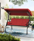 Red three seat outdoor porch swing with adjustable canopy, steel frame, thick cushions, and pillows for backyard hangout.