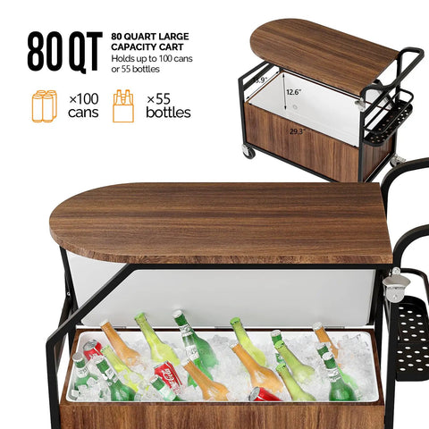 Patio Cooler With Built In Table And Bottle Opener For Outdoor Parties, Rolling Ice Chest With Drainage, Deck Or Poolside Use, 80 qt