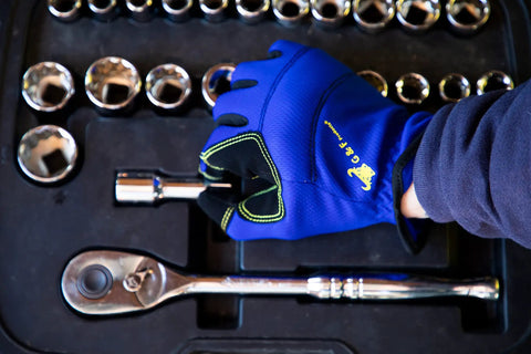Heavy Utility Work Gloves Large Three Pack Tough As Nails Construction Landscaping Job Site Flex Fit Breathable Palm showing grip on a socket wrench.