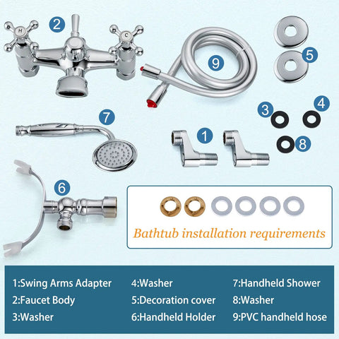 Polished Chrome Clawfoot Tub Faucet Set With Handheld Shower Wall Mount Tub Filler Two Cross Handles And Tub Spout Victorian