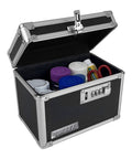 Locking Medicine Box With Combination Lock For Safe Medication Storage Portable Metal Lock Box For Pills And Valuables Small Case Black open with contents visible.
