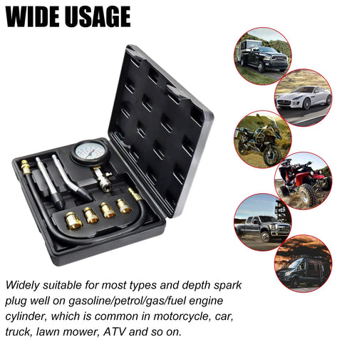 Compression Tester Kit For Engine Cylinders With Pressure Gauge Adapters, 8 Piece Set in black case, wide usage shown