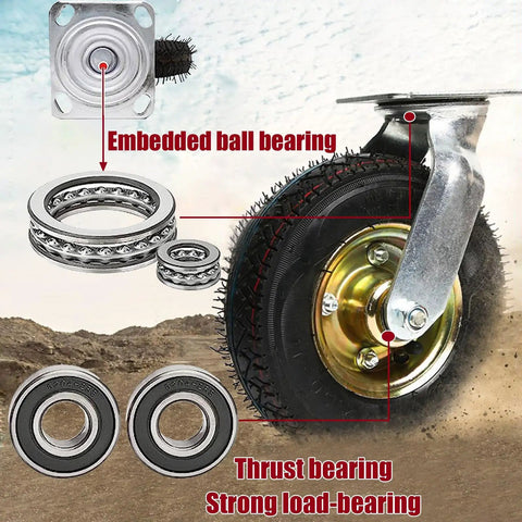 Heavy Duty Pneumatic Swivel Casters Crafted With Solid Steel Mounts And High Speed Ball Bearings, Embedded ball bearing detail.