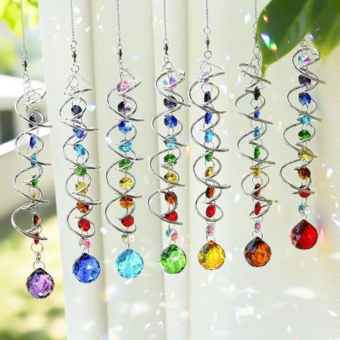 Seven Piece Crystal Gazing Ball Spiral Wind Spinner Suncatchers For Garden Decor, Durable Metal Frame With K9 Crystal Prisms, Cool Colorful Outdoor Yard Ornaments That Catch Sunlight And Spin In The Breeze, hanging rainbow crystal spinners