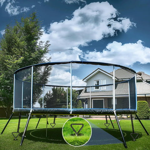 Trampoline secured with Beefy Heavy Duty Trampoline Ground Anchors 4 Pack With Straps Screw In Stakes For Windy Yards