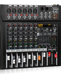 Front view of Six Channel Professional Mixer Console With 320 DSP Effects 7 Band EQ Digital DJ Mixer With USB Bluetooth MP3 Recording