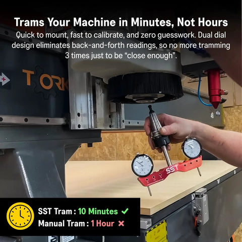 Person using Mini Mill and Lathe Tramming System for Quick Alignment and Calibration with 0.001 Inch Dial Indicators on machine