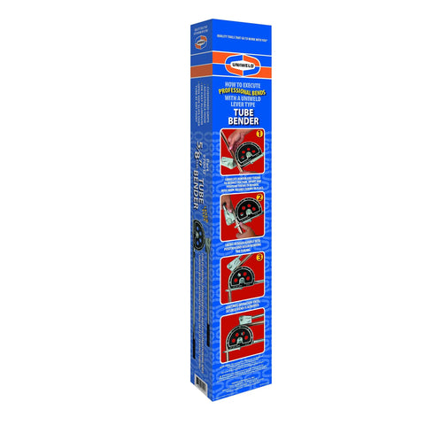 Package of Lever Type Tube Bender for 5/8 Inch OD Tubing With Calibrated Bend Angles showing product images and instructions