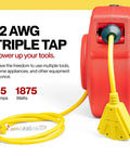 Retractable Extension Cord Reel With 40 Ft 12 AWG SJT Cable, 3 Outlet Tap, Red Housing, Heavy Duty Utility, Indoor Use