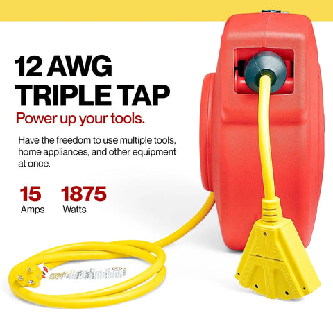 Retractable Extension Cord Reel With 40 Ft 12 AWG SJT Cable, 3 Outlet Tap, Red Housing, Heavy Duty Utility, Indoor Use