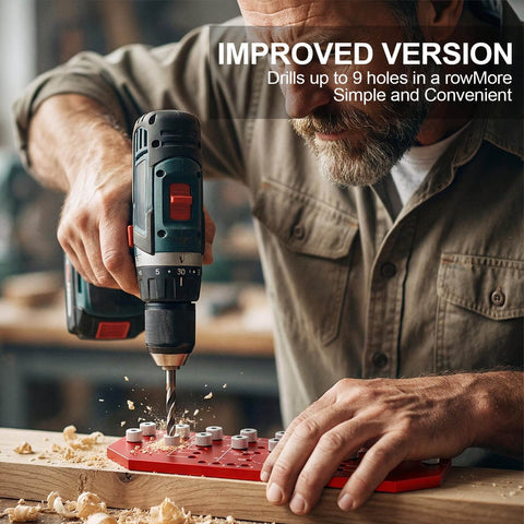 Man using Two In One Shelf Pin And Hinge Drill Jig For One Quarter Inch And Five Millimeter Peg Slots on wood project