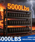 Built Like A Tank Heavy Duty Adjustable Steel Shelving Rack For Garage Or Warehouse Storage With Zero Hassle Setup And Rock Solid Frame 69By71 Inches 5000 Lbs Capacity Black Finish showcasing tire storage with fiery background.