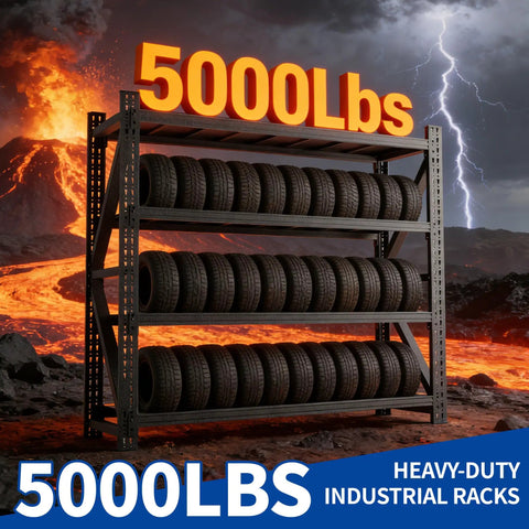 Built Like A Tank Heavy Duty Adjustable Steel Shelving Rack For Garage Or Warehouse Storage With Zero Hassle Setup And Rock Solid Frame 69By71 Inches 5000 Lbs Capacity Black Finish showcasing tire storage with fiery background.