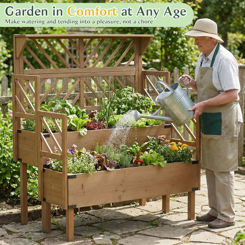 Man watering plants in a Two Tier Raised Garden Bed With Lattice Trellis For Outdoor Flowers And Veggies, 47.2 Inch Tall Wood Plant Stand.