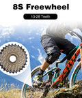Eight Speed Threaded Freewheel 13-28T Screw On For Mountain Bike And Cruiser Bicycle, 8S Freewheel with cyclist on trail