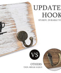 Close-up of Rustic Wall Mounted Coffee Mug Holder with bronzed hook on weathered white wood background.
