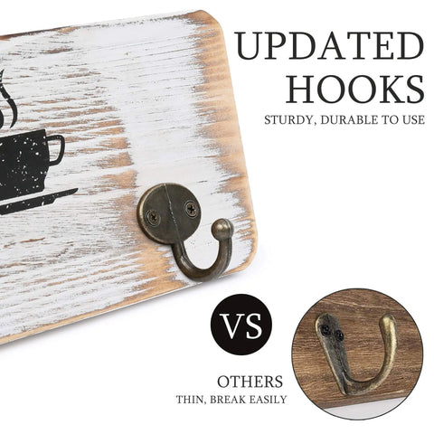 Close-up of Rustic Wall Mounted Coffee Mug Holder with bronzed hook on weathered white wood background.