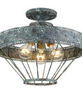 Ferris Semi-Flush Ceiling Light In Blue Verdigris Patina With White And Gold Accents, weathered steel industrial farmhouse fixture