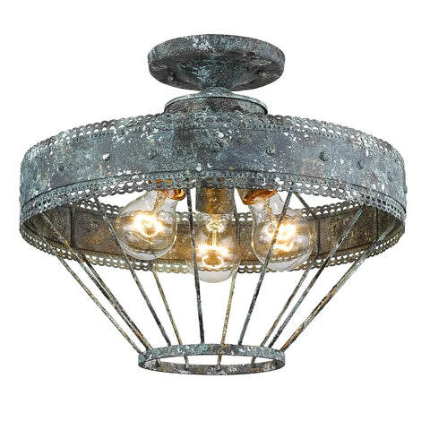 Ferris Semi-Flush Ceiling Light In Blue Verdigris Patina With White And Gold Accents, weathered steel industrial farmhouse fixture