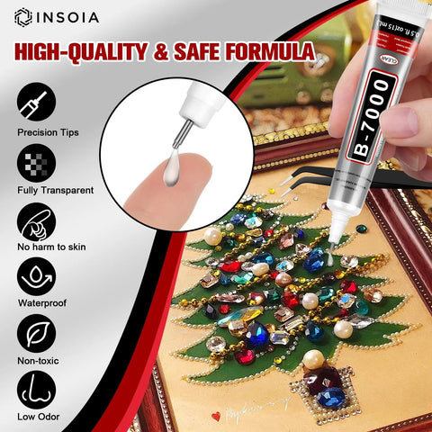 Clear Rhinestone Glue Kit 15 Tubes 15ml Each DIY Friendly With Precision Tip Quick Dry Multi Purpose Adhesive For Nails Jewelry Craft Fabric Shoes Phone Repair No Trace Transparent Strong Bond, shown gluing a jeweled decoration on a canvas.