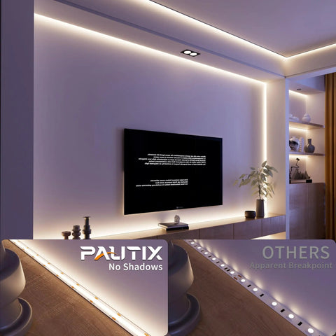 COB LED Strip Light With 3780 LEDs Delivers 8000 Lumens, 4000K Natural White, illuminating a modern living room, 24ft length, dimmable.