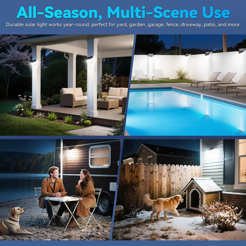 Outdoor Solar Motion Lights Four Pack With 128 LED, 270 Degree Wide Angle, IP65 Waterproof illuminating patio, pool, and yard areas