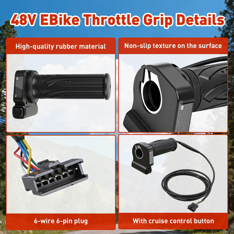 48V Electric Bike Throttle Grip With LCD Voltage Display And Cruise Control, detailed views of 6-pin plug and grip texture