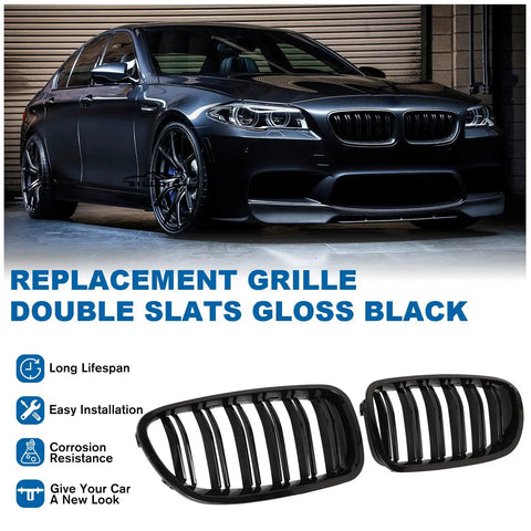 Front Kidney Grille Double Slats In Glossy Black For BMW 5 Series F10 F11 F18 2010 To 2017 Sedans ABS Plastic Construction