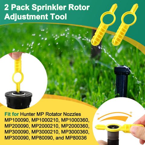 2 Pack Rotor Nozzle Adjustment Tools For Hunter MP Rotator And Rain Bird Sprinkler Heads, shown with green grass background.